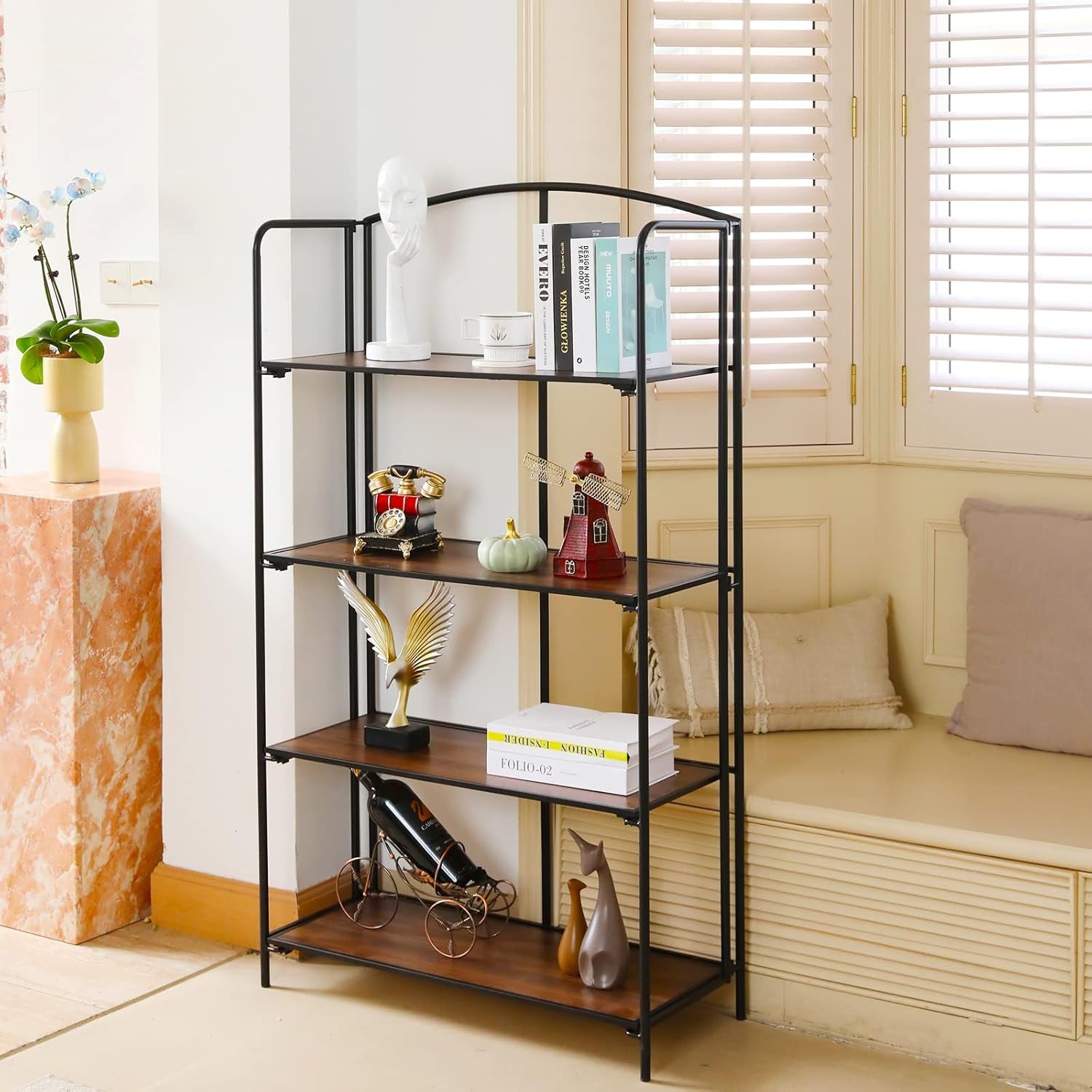 4 Tier Black Folding Bookshelf for Living Room Home Office