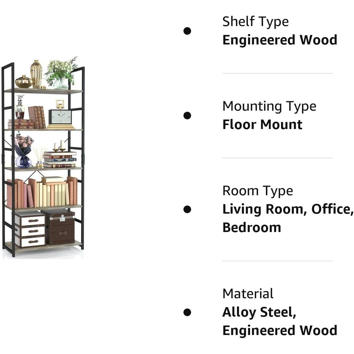 Grey Five Tier Bookshelf for Home Office and Living Room