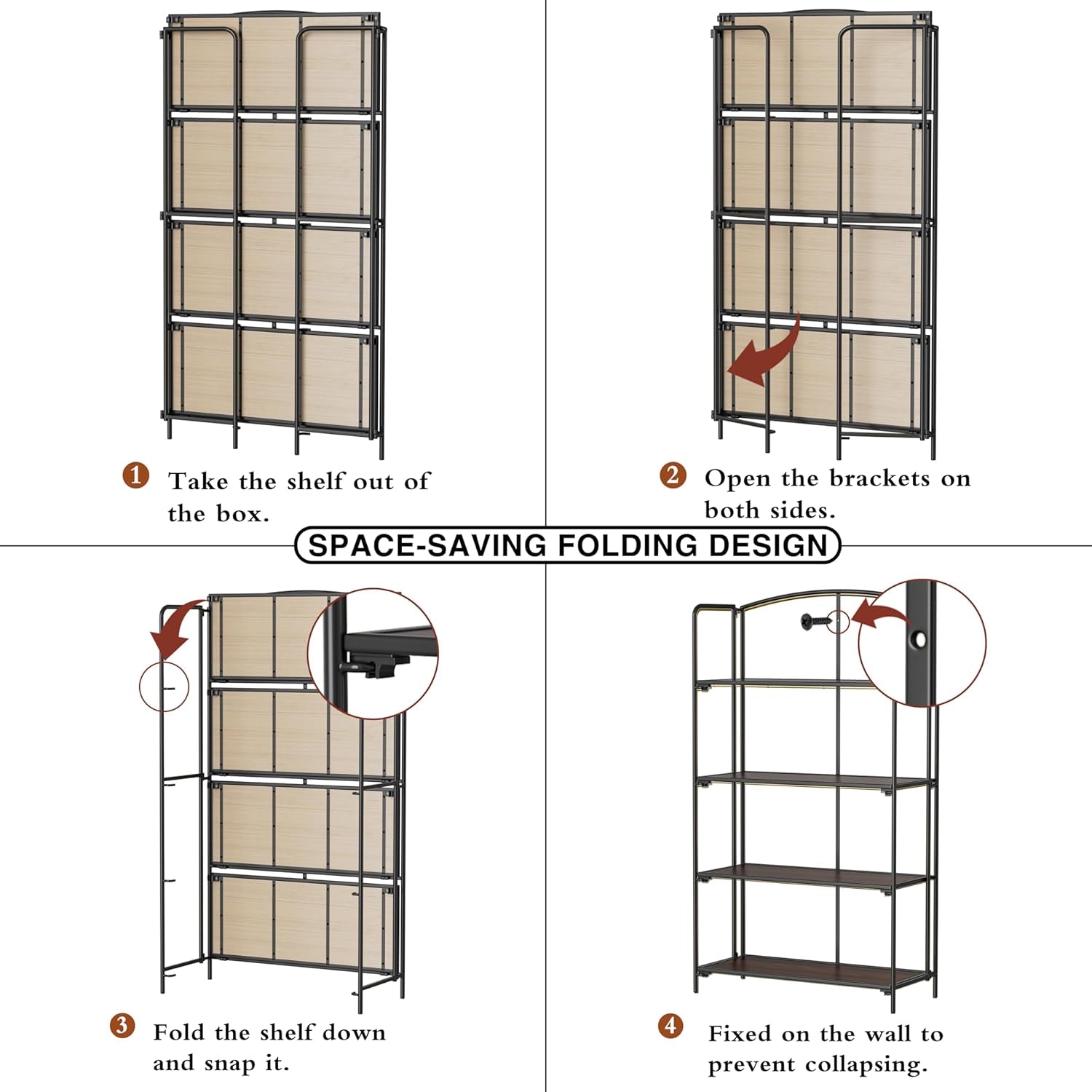 4 Tier Black Folding Bookshelf for Living Room Home Office